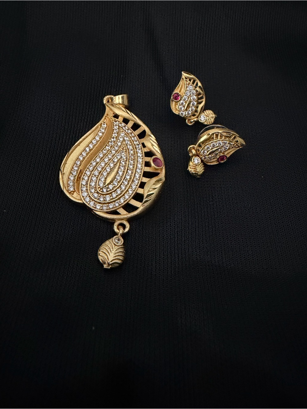 Gold Tone Crystal Paisley Pendant and Earring Set - Elegant Women Jewelry